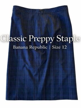 Banana Republic Blue Plaid Skirt Size 12 A-Line Wool Blend Preppy Work Office